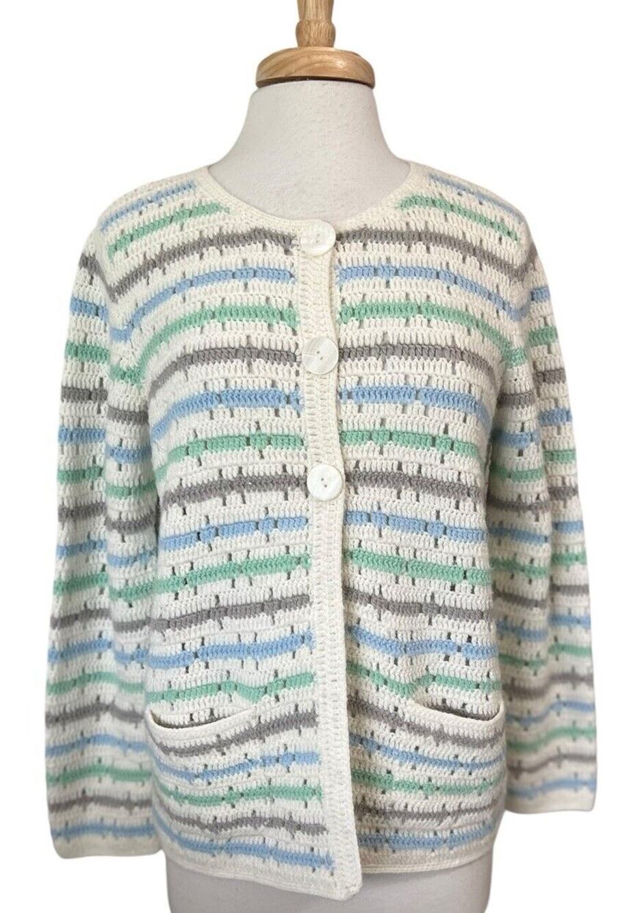 Alfred Dunner size L Cardigan Sweater Crochet Open Knit Multi Stripe Grannycore